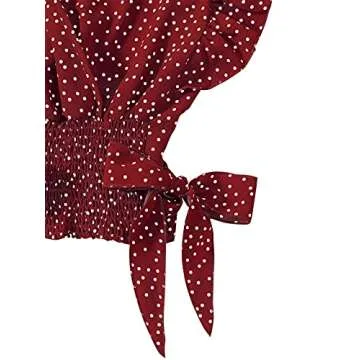LYANER Women's V Neck Polka Dots Ruffle Cap Sleeve Shirred Hem Blouse Crop Tank Top Red Small