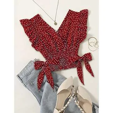 LYANER Women's V Neck Polka Dots Ruffle Cap Sleeve Shirred Hem Blouse Crop Tank Top Red Small