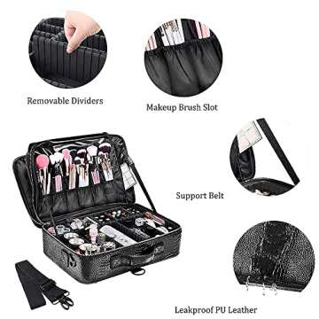gzcz Large Makeup Train Case Professional 16" Travel Makeup Cosmetic Bag Organizer Portable PU Leather Makeup Storage Case Artist Box with Adiustable Dividers & Strap (L-Crocodile Pattern)
