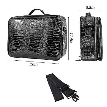 gzcz Large Makeup Train Case Professional 16" Travel Makeup Cosmetic Bag Organizer Portable PU Leather Makeup Storage Case Artist Box with Adiustable Dividers & Strap (L-Crocodile Pattern)