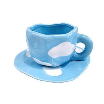Lioong Cute Irregular Ceramic Coffee Mugs And Saucer Set Cloud Coffee Mugs Tea Cup Gifts for Girls M...
