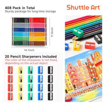 Shuttle Art Colored Pencils Bulk, 408 Pack Coloring Pencil Set Plus 20 Sharpeners, 12 Assorted Color...