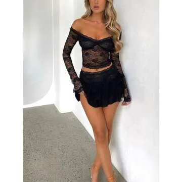 Sunloudy Women 2 Piece Lace Skirt Set Long Sleeve Floral Lace Top Bodycon Mini Skirt Going Out Matching Outfit (Black, S)