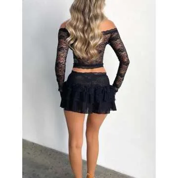 Sunloudy Women 2 Piece Lace Skirt Set Long Sleeve Floral Lace Top Bodycon Mini Skirt Going Out Matching Outfit (Black, S)