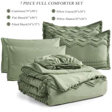 Sage Green Tufted Comforter Set Full Size 7 Piece Bed in a Bag, Shabby Chic Boho Comforter and Sheet...
