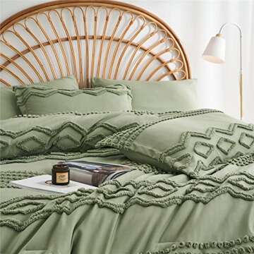 Sage Green Tufted Comforter Set Full Size 7 Piece Bed in a Bag, Shabby Chic Boho Comforter and Sheet Set, Pom Pom Textured Bed Set, All Season Soft Microfiber Complete Bedding Set(Green,Full)