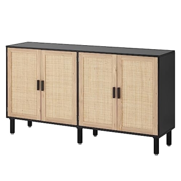Finnhomy 4 Door Sideboard Buffet Cabinet, Kitchen Storage Cabinet with Rattan Decorated Doors, Cupbo...