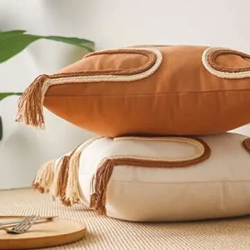 Jonhier Boho Throw Pillow Covers, Handmade Modern Farmhouse Decorative Fringe Orange Cushion Case, Bohemain Neutral Accent Cotton Woven Pillow Case for Couch, Sofa or Bed (18'' x 18'', Brown)