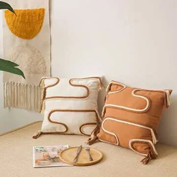 Jonhier Boho Throw Pillow Covers, Handmade Modern Farmhouse Decorative Fringe Orange Cushion Case, Bohemain Neutral Accent Cotton Woven Pillow Case for Couch, Sofa or Bed (18'' x 18'', Brown)