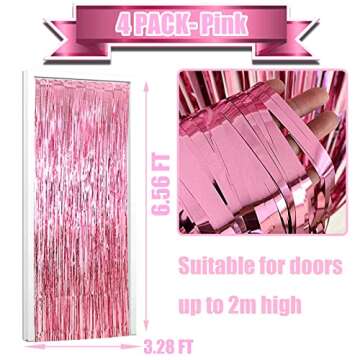 HalloweenDecorate 4 Pack Pink Foil Fringe Curtain Backdrop, 3.28Ft x 6.56Ft Metallic Tinsel Foil Fri...