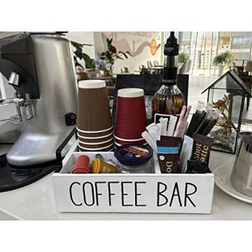 Coffee Station Organizer, Wooden Coffee Bar Accessories Organizer for Counter, Farmhouse Kcup Coffee Pod Holder Storage Basket with Handle, Coffee Bar Organizer Station for Coffee Bar Decor White