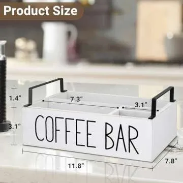 Coffee Station Organizer, Wooden Coffee Bar Accessories Organizer for Counter, Farmhouse Kcup Coffee Pod Holder Storage Basket with Handle, Coffee Bar Organizer Station for Coffee Bar Decor White