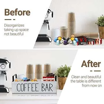 Coffee Station Organizer, Wooden Coffee Bar Accessories Organizer for Counter, Farmhouse Kcup Coffee Pod Holder Storage Basket with Handle, Coffee Bar Organizer Station for Coffee Bar Decor White