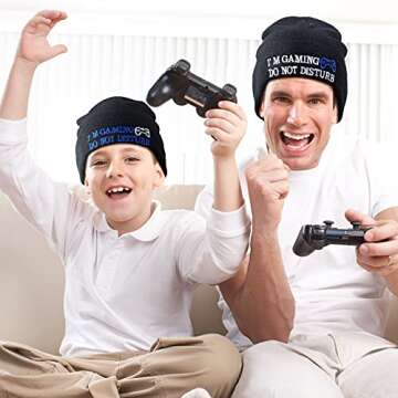 4 Pieces I'm Gaming Socks Beanie Hats, Included 2 Pairs Novelty Gamer Casual Crew Socks and 2 Pieces Warm Knit Hat Black Skull Cap for Women Men