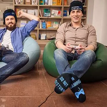 4 Pieces I'm Gaming Socks Beanie Hats, Included 2 Pairs Novelty Gamer Casual Crew Socks and 2 Pieces Warm Knit Hat Black Skull Cap for Women Men