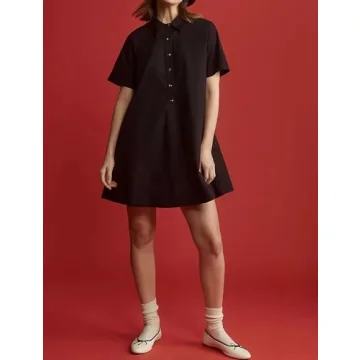 Dsewpaur Short Sleeve Swing Tunic Mini Dress for Women Button Up Shirt Blouse Short Dress Summer Casual Flowy A Line Dress Black