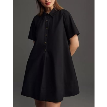 Dsewpaur Short Sleeve Swing Tunic Mini Dress for Women Button Up Shirt Blouse Short Dress Summer Casual Flowy A Line Dress Black