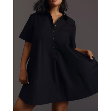 Dsewpaur Short Sleeve Swing Tunic Mini Dress for Women Button Up Shirt Blouse Short Dress Summer Casual Flowy A Line Dress Black