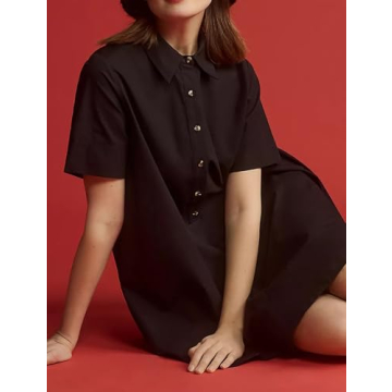 Dsewpaur Short Sleeve Swing Tunic Mini Dress for Women Button Up Shirt Blouse Short Dress Summer Casual Flowy A Line Dress Black