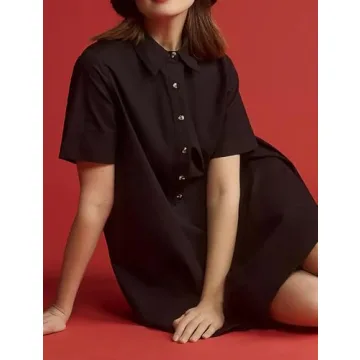 Dsewpaur Short Sleeve Swing Tunic Mini Dress for Women Button Up Shirt Blouse Short Dress Summer Casual Flowy A Line Dress Black