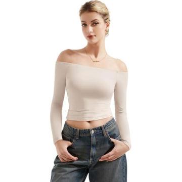 SUUKSESS Women Off The Shoulder Double Lined Long Sleeve Shirts Fitted Y2K Basic Going Out Tops (Sof...
