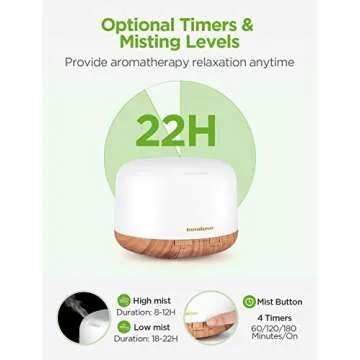 InnoGear Oil Diffuser, 500ml Diffusers for Essential Oils Large Room Ultrasonic Diffuser with 4 Timers 2 Misting Modes Essential Oil Diffusers for Home Waterless Auto-Off, Large, Yellow