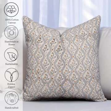 ADEESHA DECOR Block Print Duck Canvas Pillow Cover, 20x20 Inch Decorative Handmade Vintage Fall Pillow Covers for Sofa and Couch, Farmhouse Boho Indian Cushion Cover (Blue, Floral Elegance)
