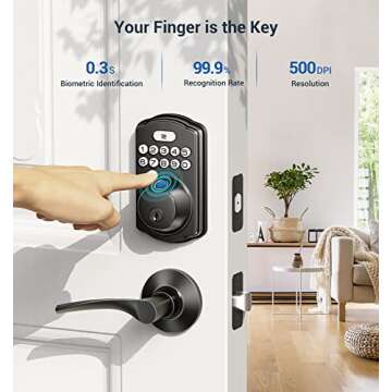 Veise Fingerprint Door Lock - Keyless Entry, Biometric Smart Lock, Easy Install, Matte Black