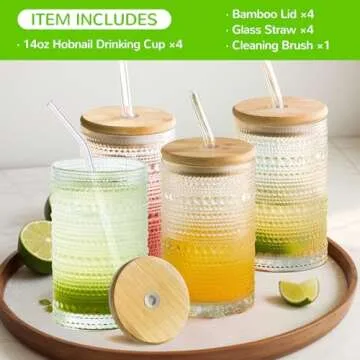Hobnail Drinking Glasses with Bamboo Lids and Glass Straw 4Pcs Set - 14oz Vintage Glass Cups, Water Glasses, Iced Coffee Glasses, Cute Tumbler Cup, Ideal for Cocktail, Whiskey, Gift - Cleaning Brushes