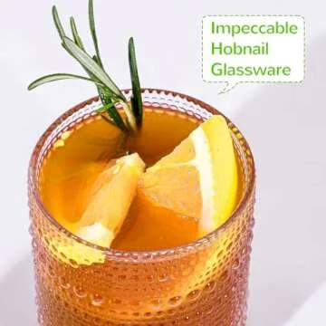 Hobnail Drinking Glasses with Bamboo Lids and Glass Straw 4Pcs Set - 14oz Vintage Glass Cups, Water Glasses, Iced Coffee Glasses, Cute Tumbler Cup, Ideal for Cocktail, Whiskey, Gift - Cleaning Brushes