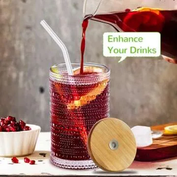 Hobnail Drinking Glasses with Bamboo Lids and Glass Straw 4Pcs Set - 14oz Vintage Glass Cups, Water Glasses, Iced Coffee Glasses, Cute Tumbler Cup, Ideal for Cocktail, Whiskey, Gift - Cleaning Brushes