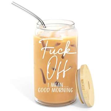 16 oz Iced Coffee Cup with Bamboo Lids and Straws | Mason Jar Cups & Iced Coffee Tumbler with Lid and Straw | Glass Cups for Iced Coffee, Boba Cup | Beer Can Glass & Smoothie Cup - Good Morning