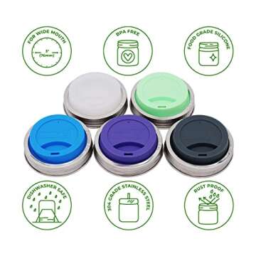 Silicone Drinking Lids with Rust Proof Stainless Steel Bands by Mason Jar Lifestyle (2 Pack, Light C...