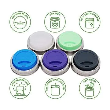 Silicone Drinking Lids with Rust Proof Stainless Steel Bands by Mason Jar Lifestyle (2 Pack, Light C...