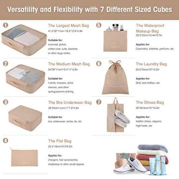 Packing Cubes for Travel 7 Set, Luggage Packing Organizers with Shoe Bag and Toiletry Bag (Beige)