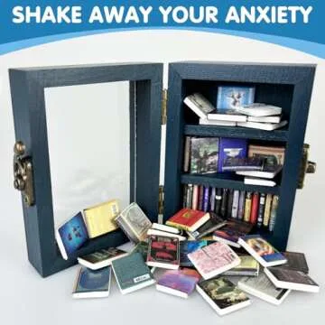 Anxiety Bookshelf Mini Bookshelf Ornament Miniature Bookshelf Decor Shake Bookshelf Shake Away Your Anxiety Miniature Book Library with 60pcs Mini Books for Book Lovers Home Room Office Decor (Blue)
