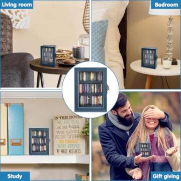 Anxiety Bookshelf Mini Bookshelf Ornament Miniature Bookshelf Decor Shake Bookshelf Shake Away Your Anxiety Miniature Book Library with 60pcs Mini Books for Book Lovers Home Room Office Decor (Blue)