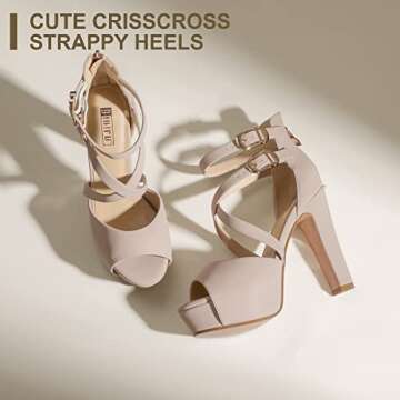 IDIFU Women's IN5 Charcy Crisscross Strappy Platform High Chunky Heels Peep Toe Pump Party Heeled Sandals(9 M US, Nude Nubuck)