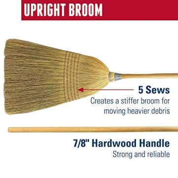 Weiler 95033 Heavy-Duty Corn Broom with Wooden Handle, 5 Sews, 100% Natural Corn Fill for Indoor or Outdoor Sweeping