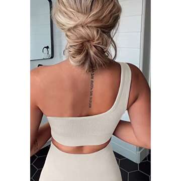 QINSEN Ribbed Workout Leggings for Women 2 Piece Outfits One Shouler Exerise Sport Bra Seamless High Waisted Sets Biege M