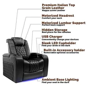 Valencia Tuscany XL Home Theater Seating | Premium Top Grain Italian Nappa 11000 Leather, Power Headrest, Power Lumbar Support, Extra Space, 400 lbs Capacity (Row of 2, Black)