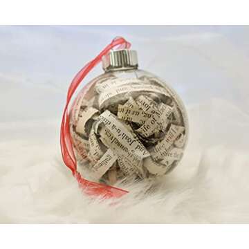 Antique Bible Christmas Ornament for Christians - 2.62 inch Glass Ornament Fully Filled with 1/4 inch Hand-curled Strips from Rescued Bible