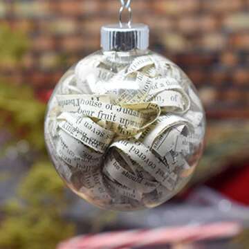 Antique Bible Christmas Ornament for Christians - 2.62 inch Glass Ornament Fully Filled with 1/4 inch Hand-curled Strips from Rescued Bible