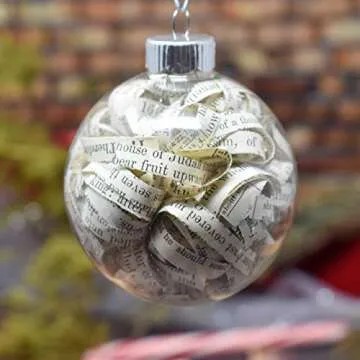 Antique Bible Christmas Ornament for Christians - 2.62 inch Glass Ornament Fully Filled with 1/4 inch Hand-curled Strips from Rescued Bible