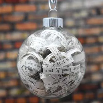 Antique Bible Christmas Ornament for Christians - 2.62 inch Glass Ornament Fully Filled with 1/4 inch Hand-curled Strips from Rescued Bible