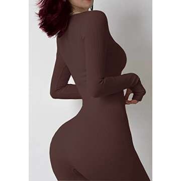 HOPYOP Brown Jumpsuit for Women, Sexy One Piece Long Sleeve Jumpsuit Women's Yoga Ribbed Workout Rom...