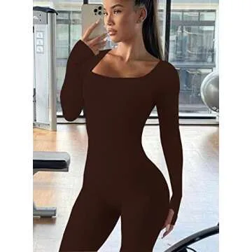 HOPYOP Brown Jumpsuit for Women, Sexy One Piece Long Sleeve Jumpsuit Women's Yoga Ribbed Workout Rompers (Coffe, L)