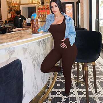 HOPYOP Brown Jumpsuit for Women, Sexy One Piece Long Sleeve Jumpsuit Women's Yoga Ribbed Workout Rompers (Coffe, L)