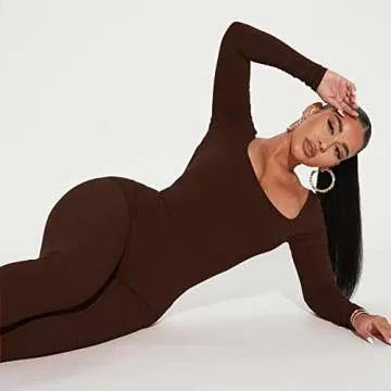 HOPYOP Brown Jumpsuit for Women, Sexy One Piece Long Sleeve Jumpsuit Women's Yoga Ribbed Workout Rompers (Coffe, L)