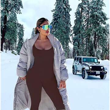 HOPYOP Brown Jumpsuit for Women, Sexy One Piece Long Sleeve Jumpsuit Women's Yoga Ribbed Workout Rompers (Coffe, L)